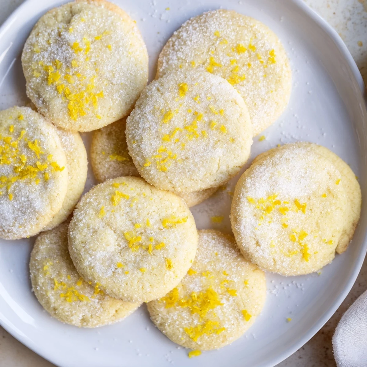 Stack of tender vegan grapefruit vanilla sugar cookies dusted with sugar on wooden cutting board