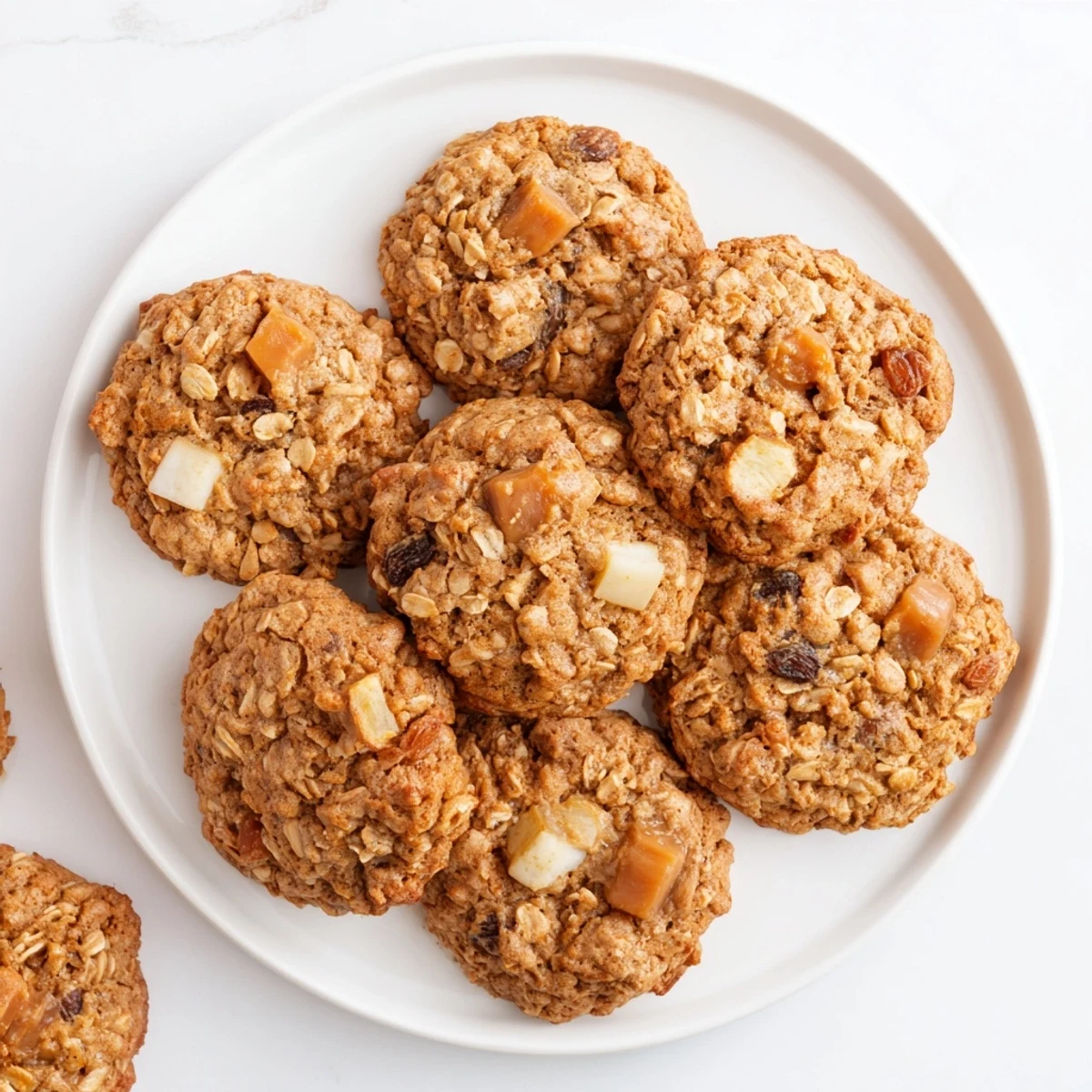 Chewy oatmeal cookies loaded with diced apples, plump raisins, and gooey caramel chunks on a wire rack
