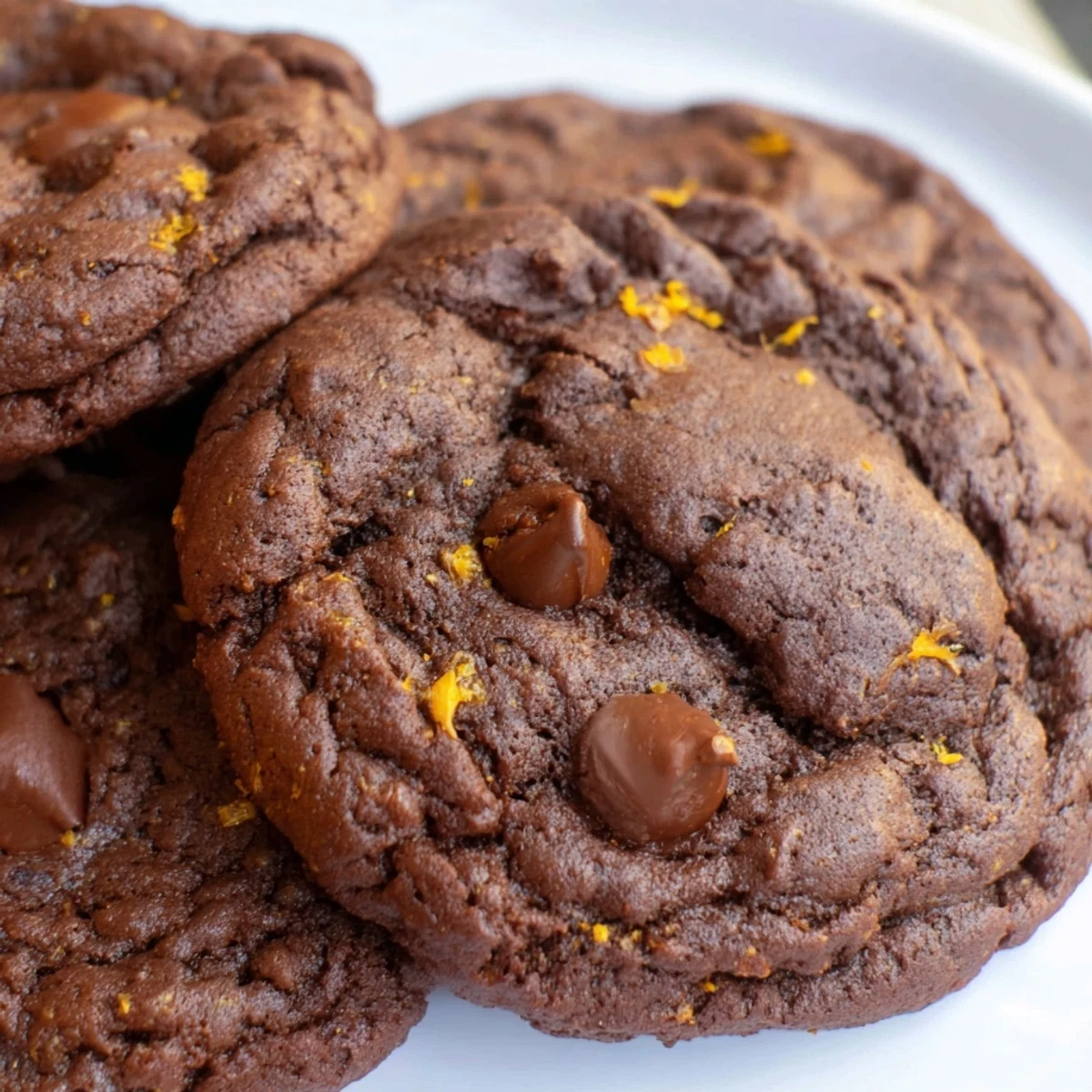 Warm gluten-free double chocolate orange cookies stacked on a white wire cooling rack