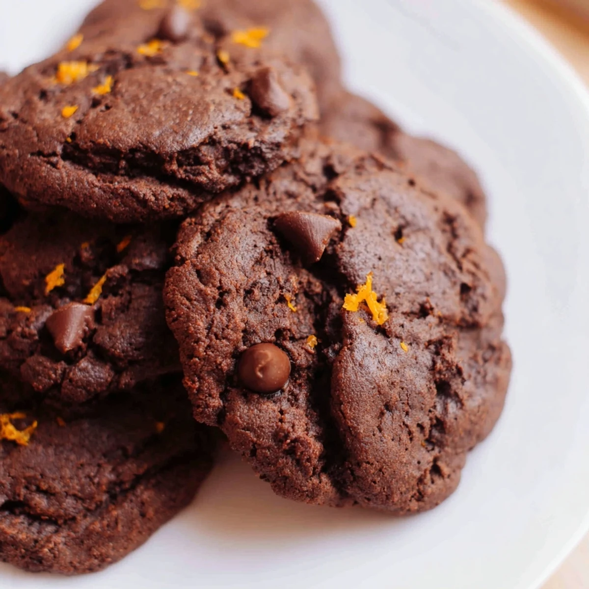 Fudgy gluten-free double chocolate orange cookies with melted chips and citrus zest on a rustic wooden board