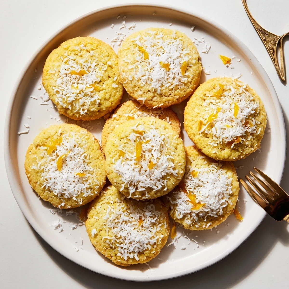 Soft golden vegan mango coconut sugar cookies topped with fluffy shredded coconut garnish