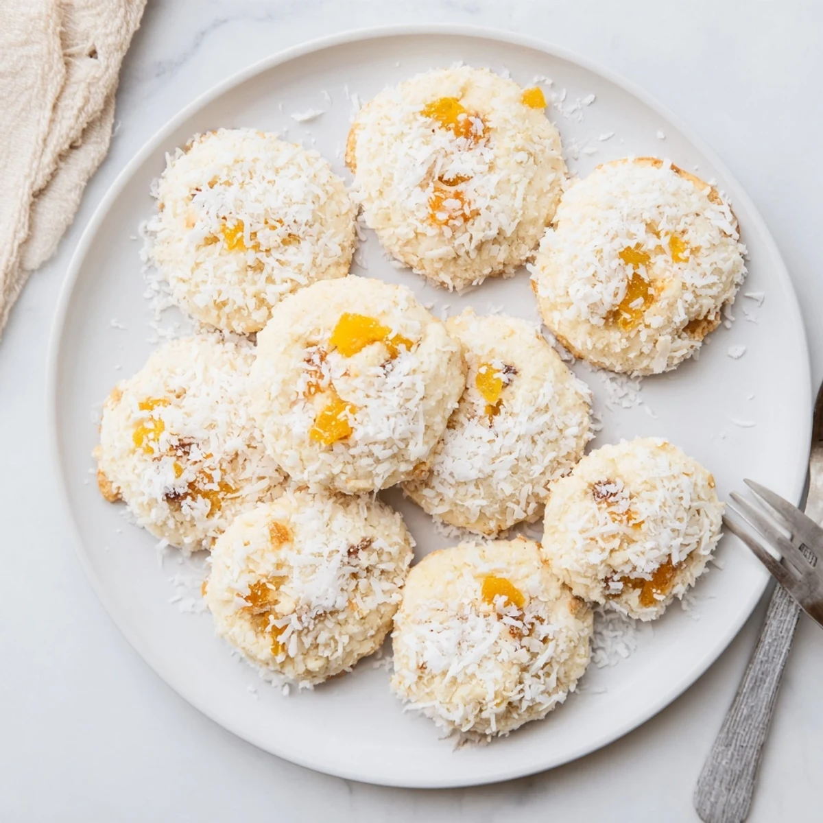 Chewy tropical sugar cookies flecked with dried mango pieces on a white plate