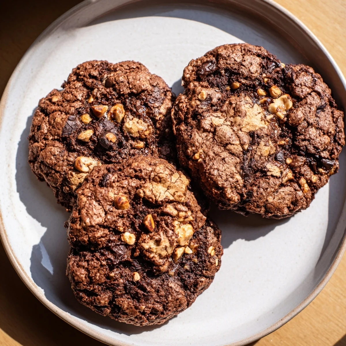 Crispy gluten-free espresso hazelnut cookies with melty dark chocolate chips on rustic parchment paper