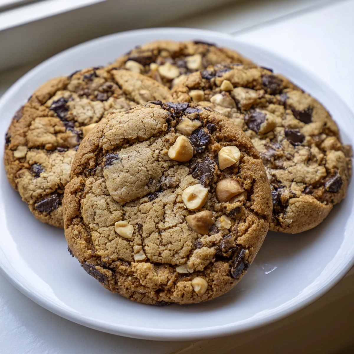 Golden brown gluten-free espresso hazelnut cookies studded with chopped nuts and chocolate chunks
