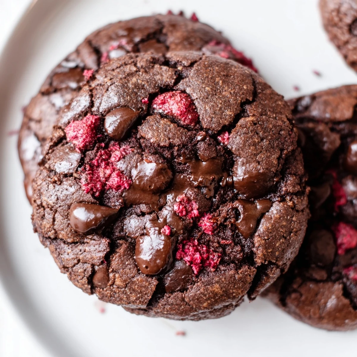 Fudgy keto dark chocolate raspberry cookies with melty chips and bright red berry pieces