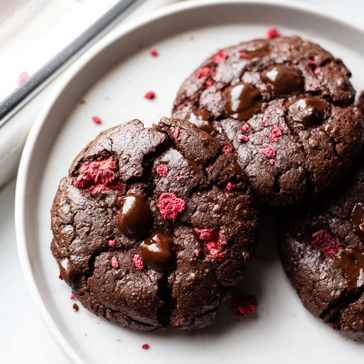 Dark chocolate raspberry keto cookies baked until edges set with soft gooey centers