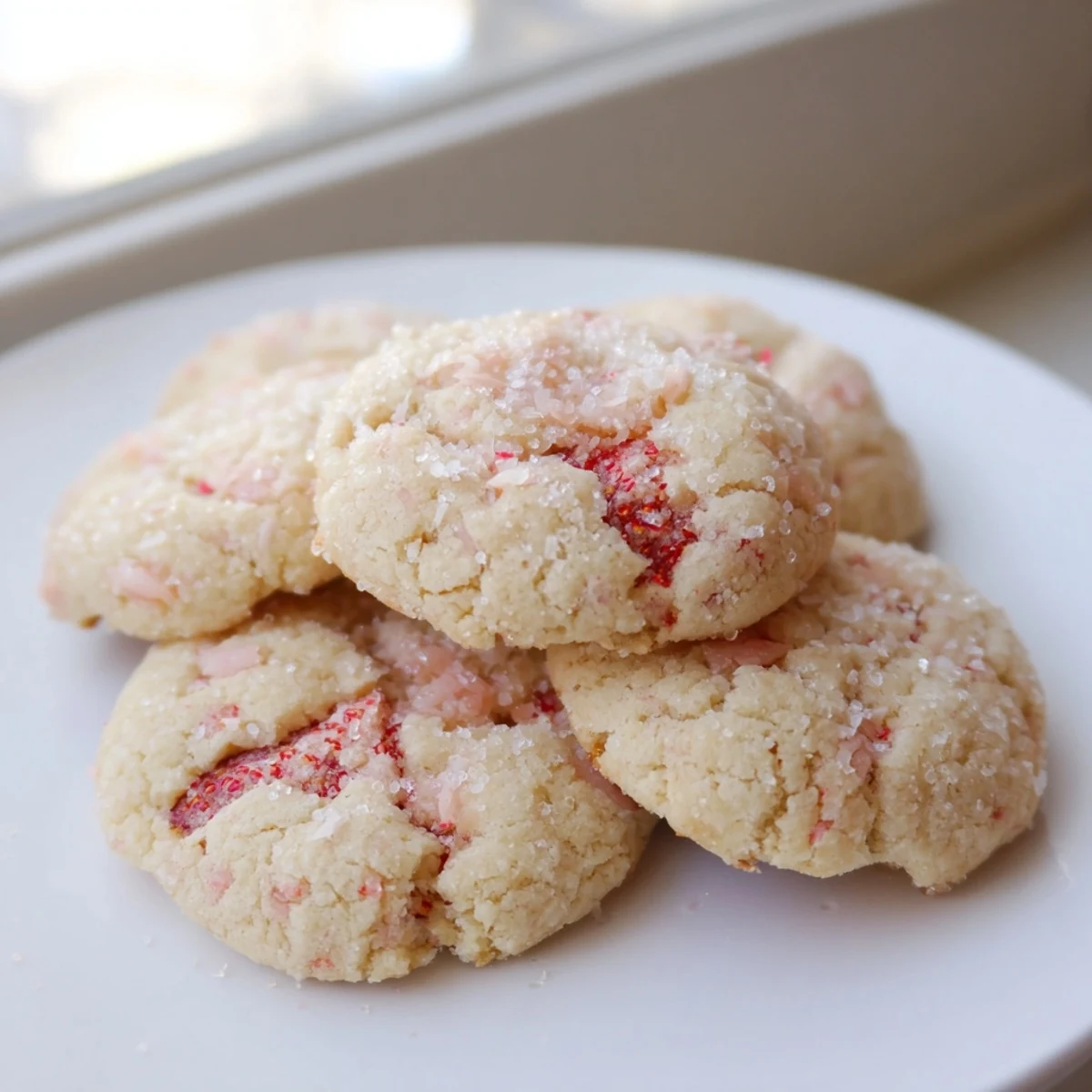 Chewy vegan coconut strawberry sugar cookies dotted with bright red fresh strawberry pieces