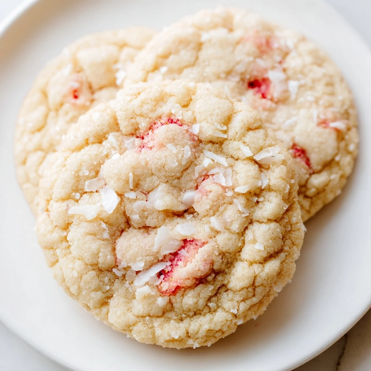 Homemade vegan coconut strawberry sugar cookies arranged on parchment paper ready for serving