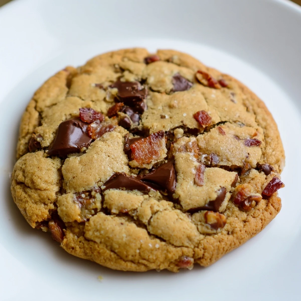 Golden brown butter maple bacon chocolate chip cookies with melty chips and crispy bacon bits on a rustic baking sheet
