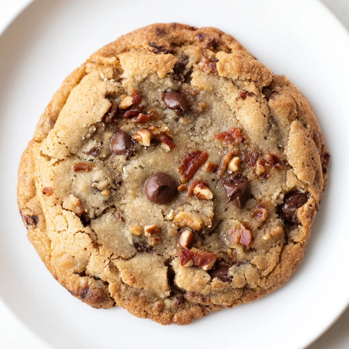 Chewy brown butter maple bacon chocolate chip cookies stacked on a wire rack with visible chocolate chunks