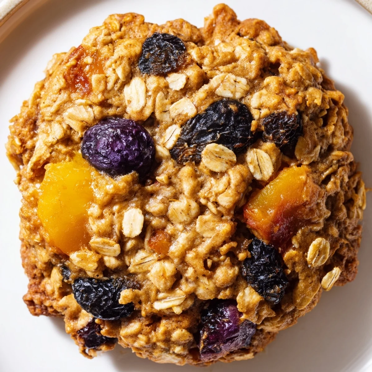 Soft vegan blueberry peach oatmeal raisin cookies with golden edges on a rustic baking sheet