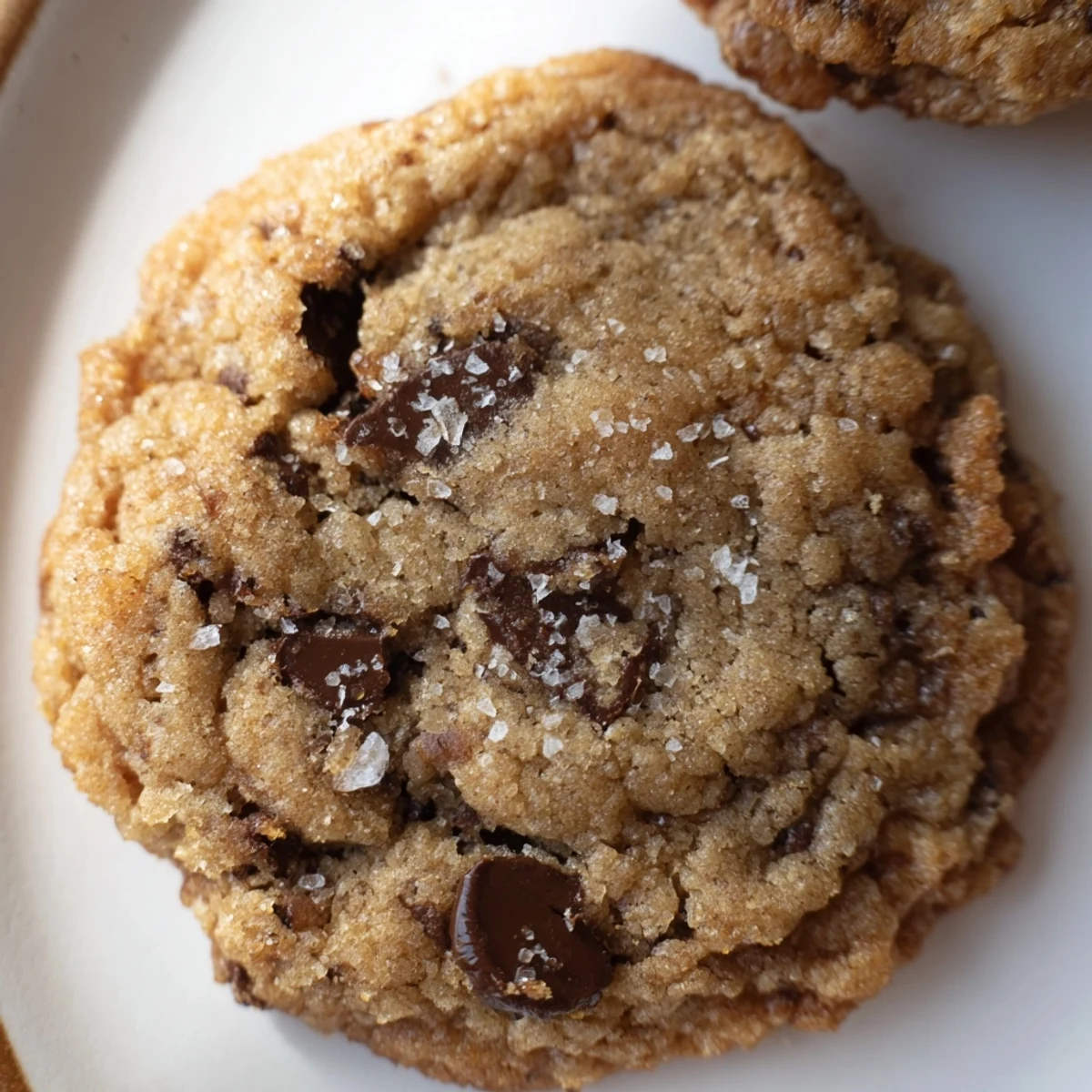 Chewy gluten-free salted maple chocolate chip cookies stacked on a rustic baking sheet