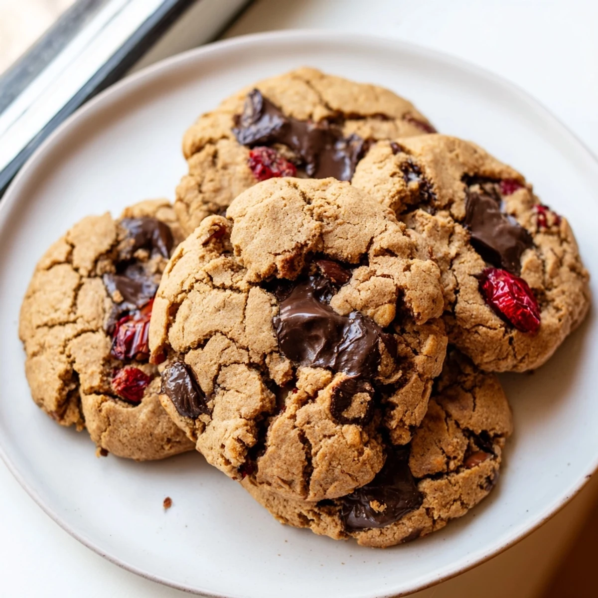Gluten-Free Dark Chocolate Cherry Almond Cookies with gooey chocolate chips and vibrant red cherries on rustic parchment