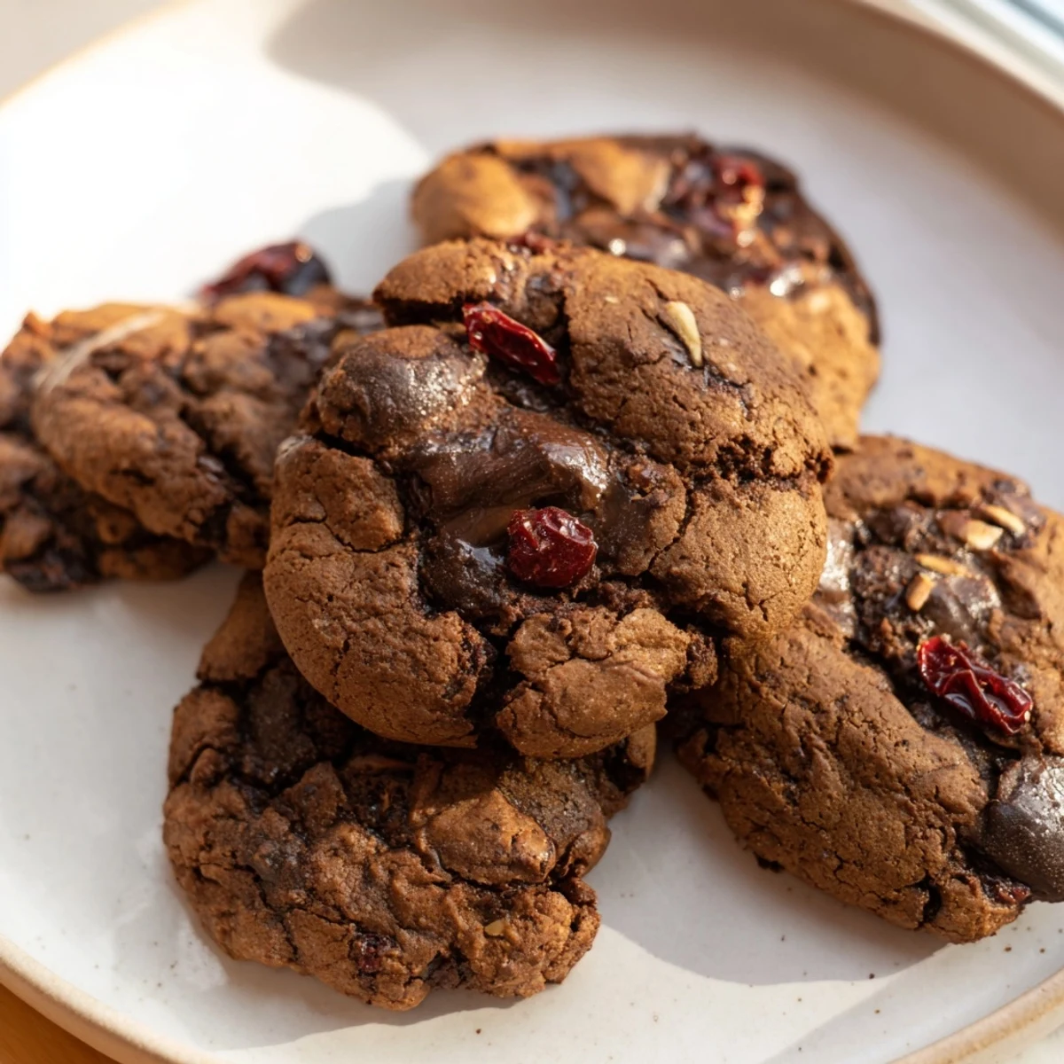 Chewy Gluten-Free Dark Chocolate Cherry Almond Cookies fresh from the oven with golden crisp edges