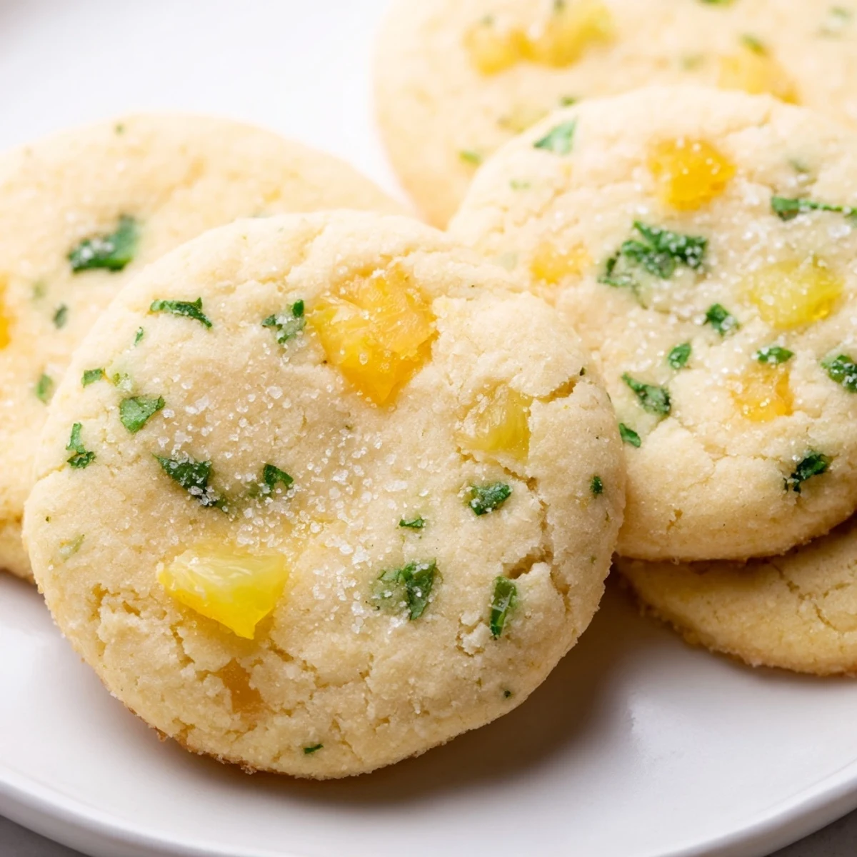 Soft vegan pineapple mint sugar cookies with golden edges on a rustic white plate