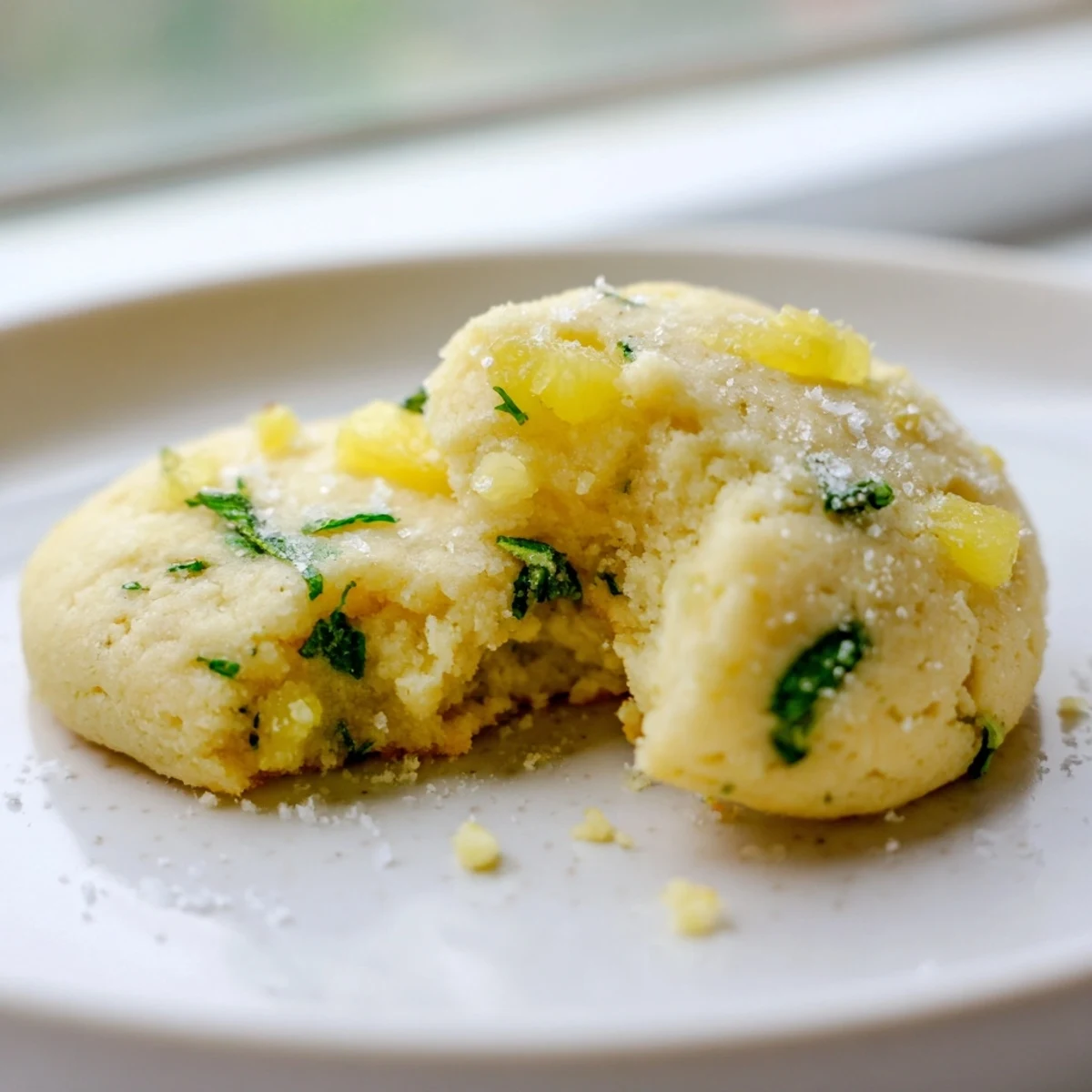 Perfectly baked vegan pineapple mint sugar cookies cooling on a wire rack with lightly crisped edges
