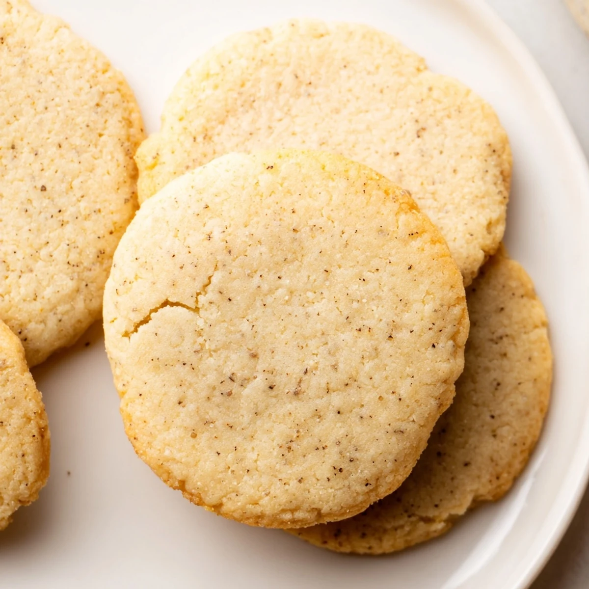 Golden keto vanilla espresso butter cookies arranged on a rustic wooden serving board
