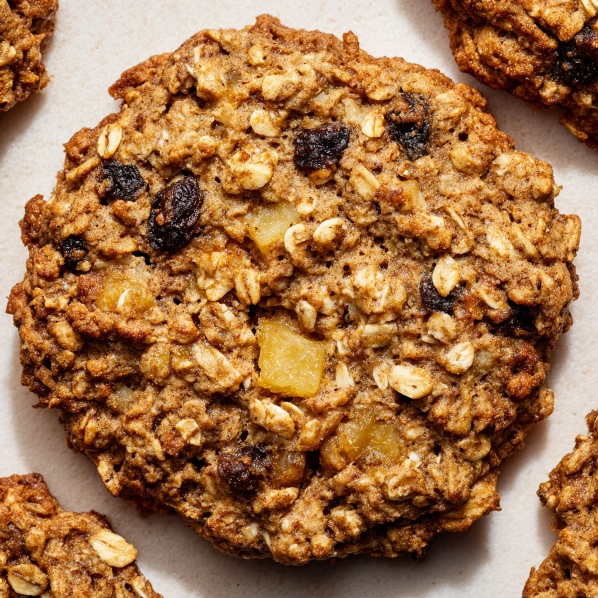 Golden Cinnamon Pear Oatmeal Raisin Cookies with crispy edges displayed on a rustic wooden board