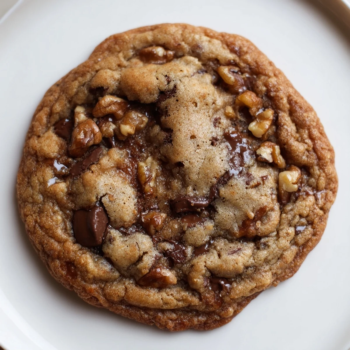 Golden brown butter honey walnut chocolate chip cookies with melty chocolate mounds stacked on a rustic white plate