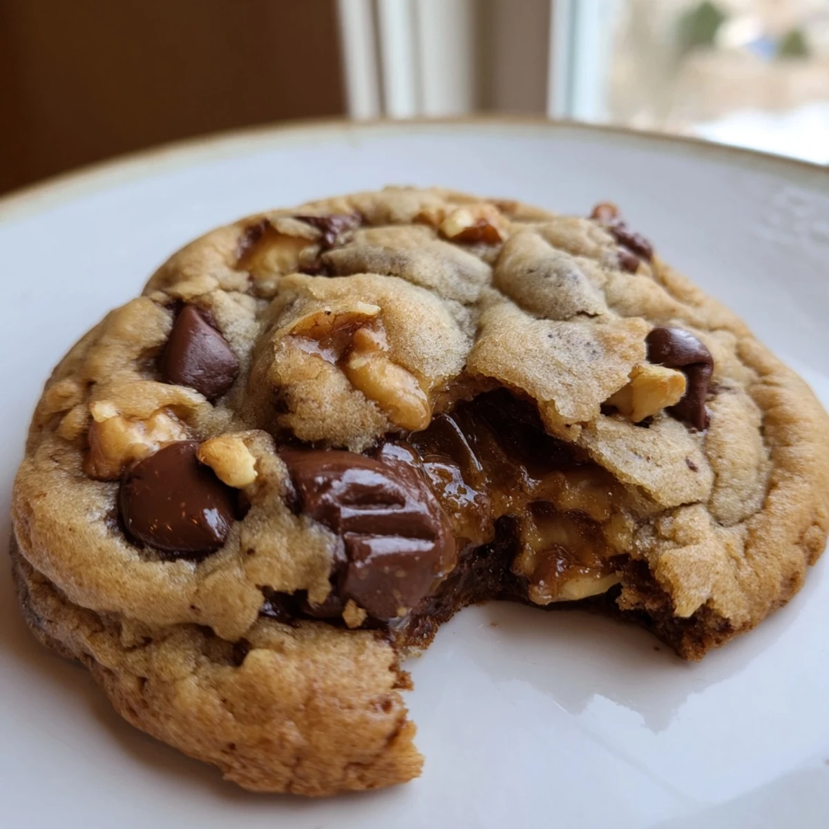 Chewy brown butter honey walnut chocolate chip cookies fresh from the oven with crispy edges and tender centers
