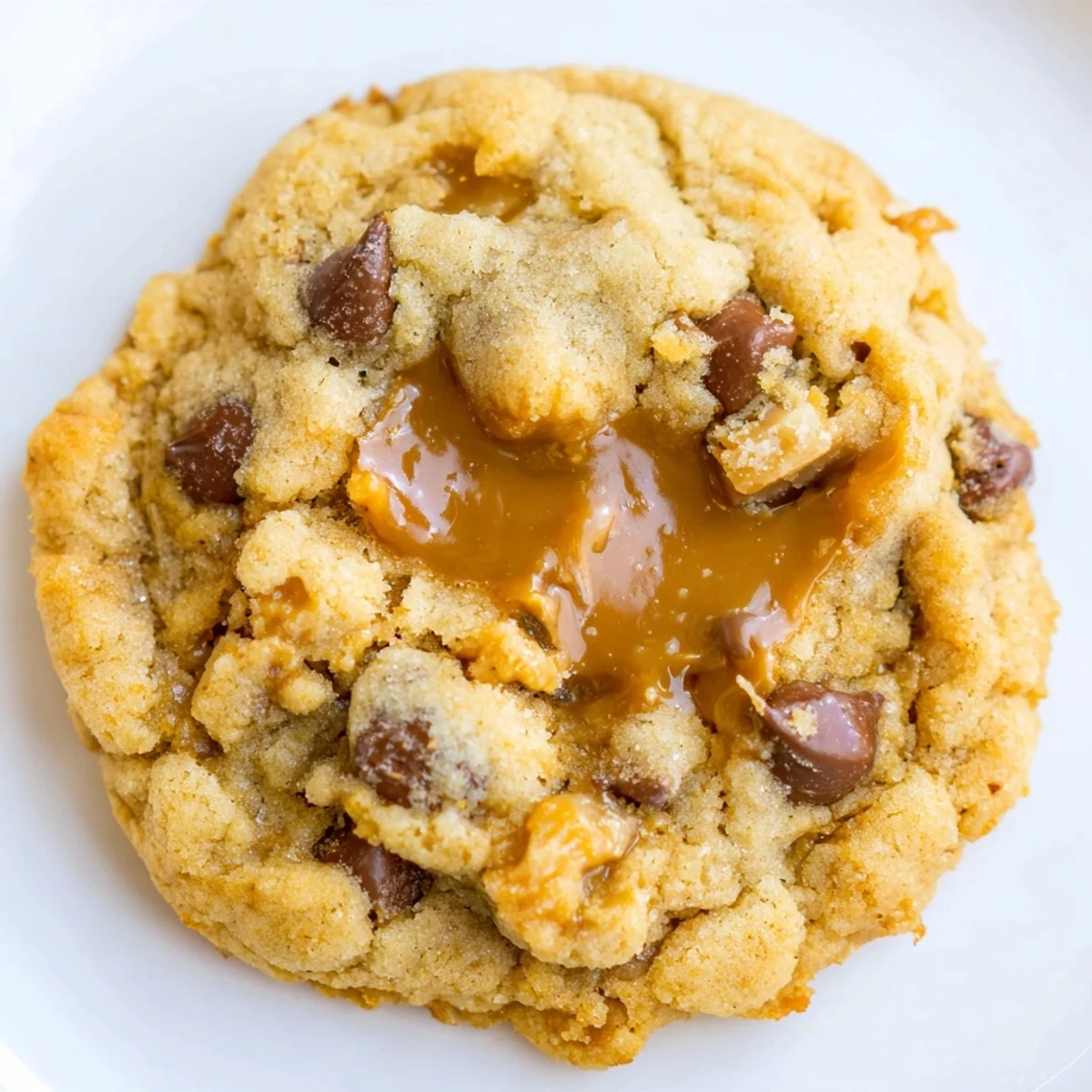 Soft gluten-free caramel espresso chocolate chip cookies with melted caramel pools and chocolate chips