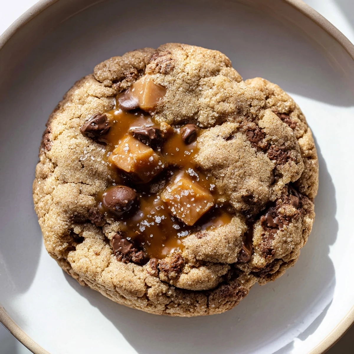 Chewy gluten-free caramel espresso chocolate chip cookies fresh from the oven with golden edges