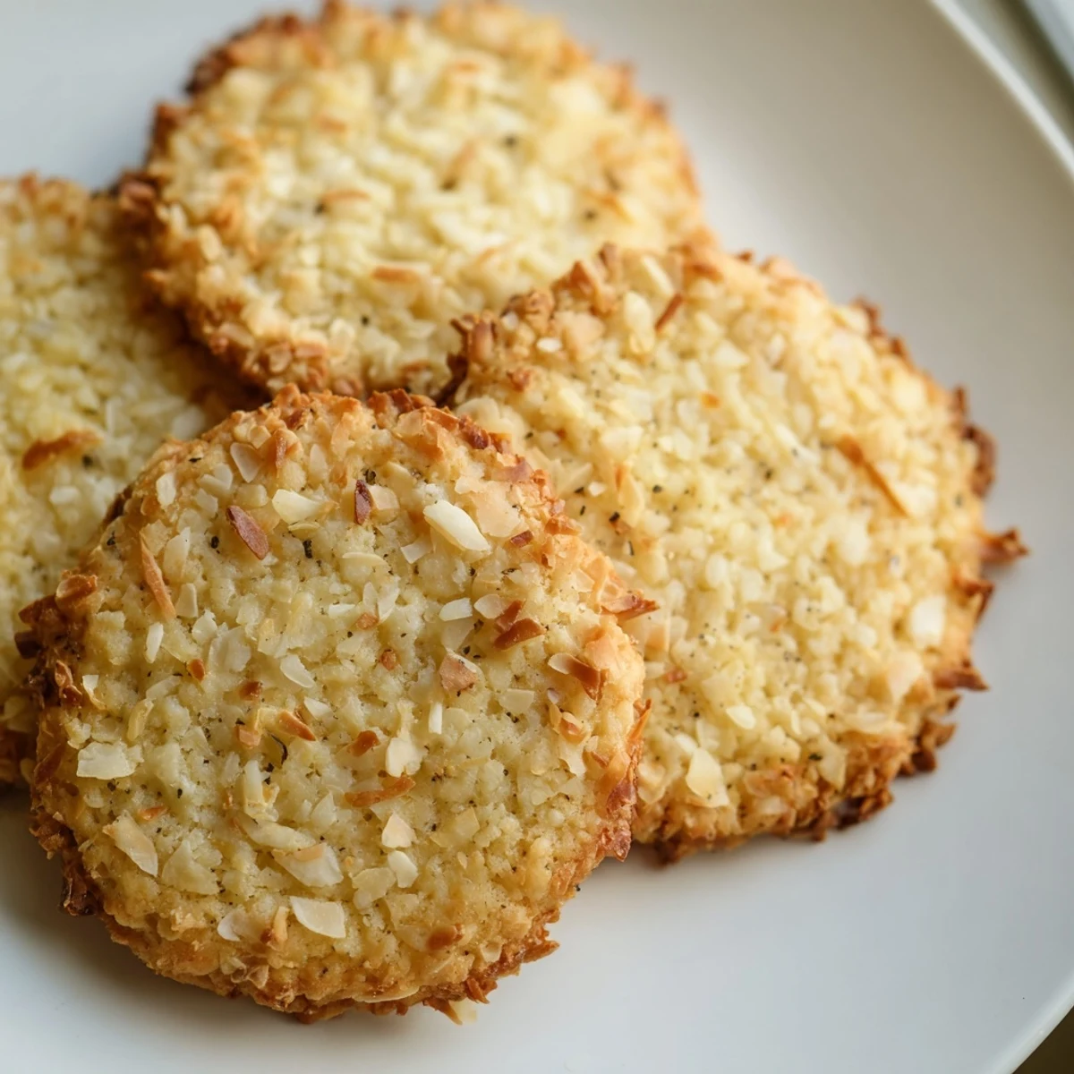 Golden keto vanilla bean coconut cookies with speckled vanilla and crispy toasted coconut edges