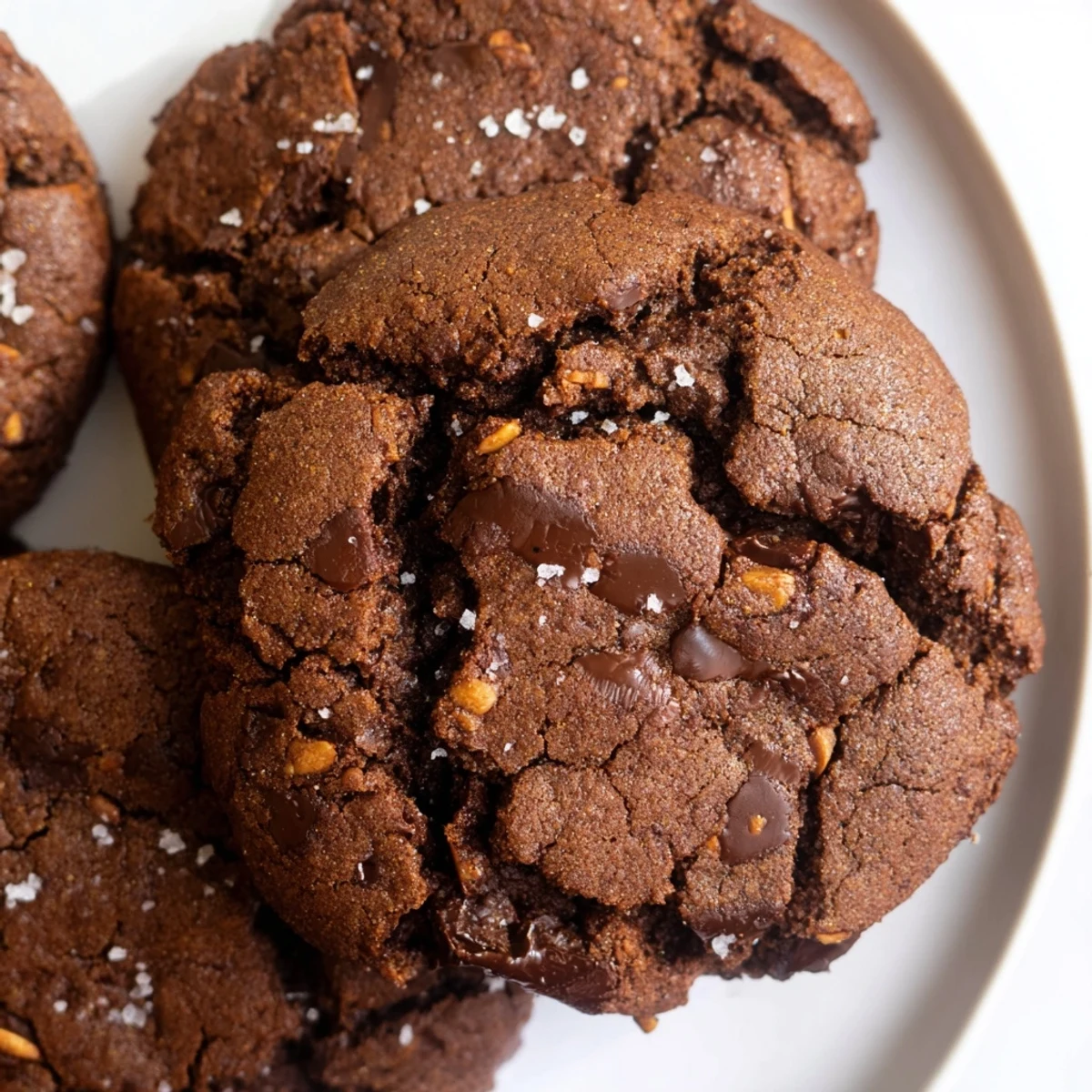 Gluten-Free Dark Chocolate Almond Crunch Cookies with cracked surfaces and melting chocolate chips on rustic parchment paper