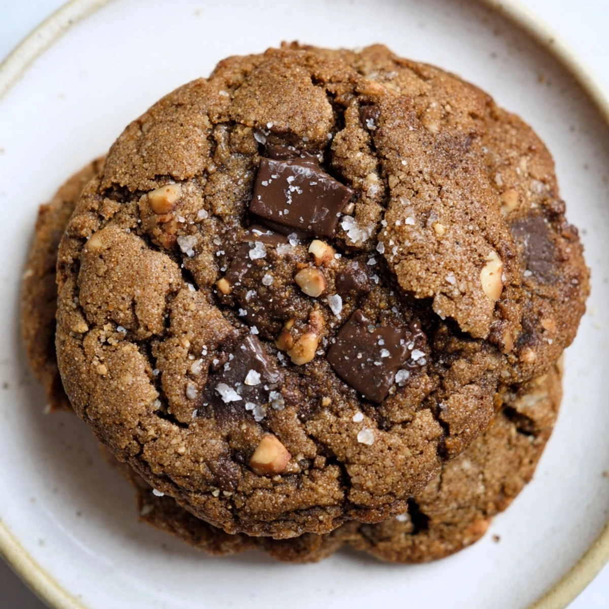 Chewy gluten-free dark chocolate almond crunch cookies studded with roasted nuts and garnished with flaky sea salt