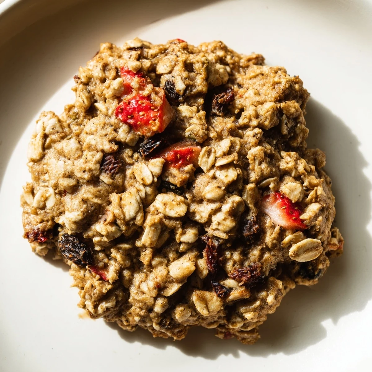 Golden vegan strawberry basil oatmeal raisin cookies with chewy texture on rustic parchment paper