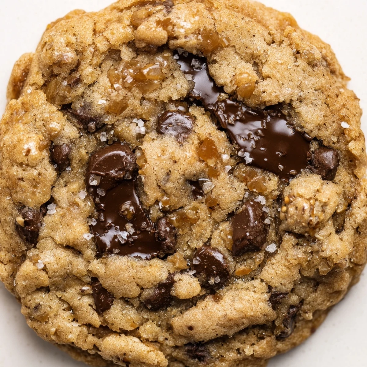 Golden brown butter banana toffee chocolate chip cookies with melty chips and crisp edges