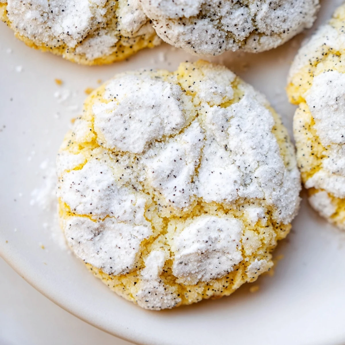 Gluten-free lemon poppy crinkle cookies dusted with powdered sugar on a rustic wooden surface