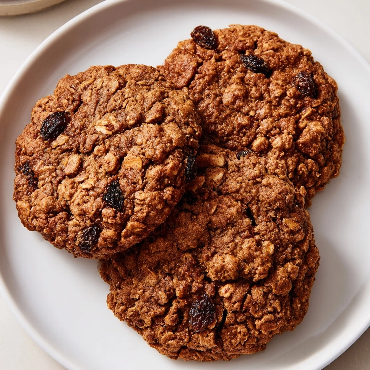 Chewy gingerbread spiced oatmeal raisin cookies with cracked tops and golden brown edges.
