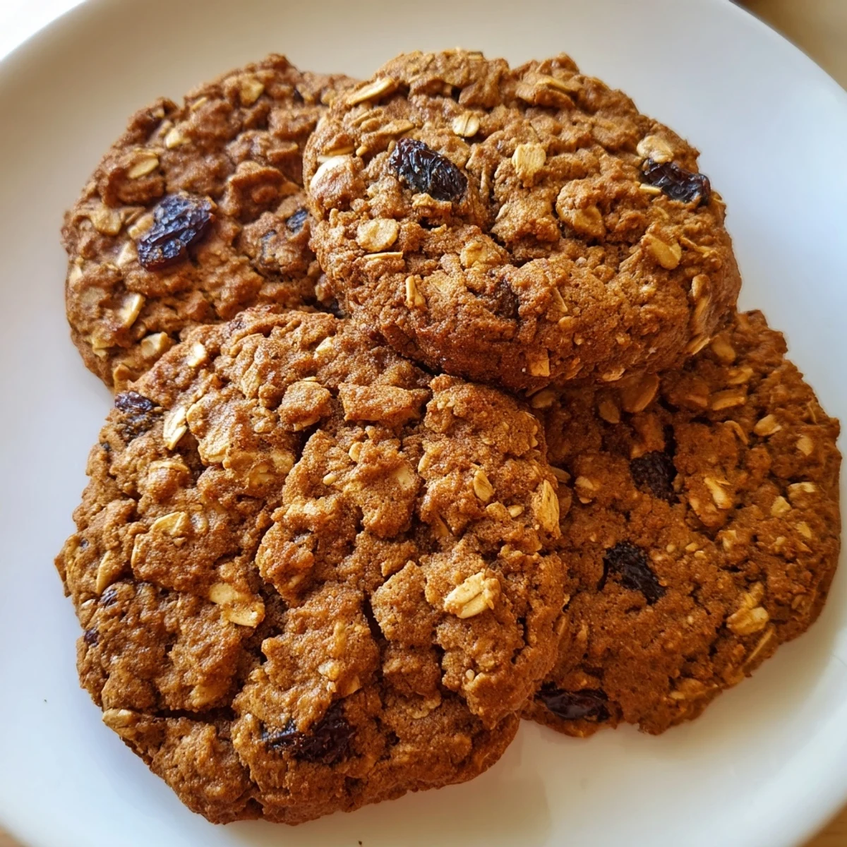 A stack of warm gingerbread spiced oatmeal raisin cookies studded with plump raisins.