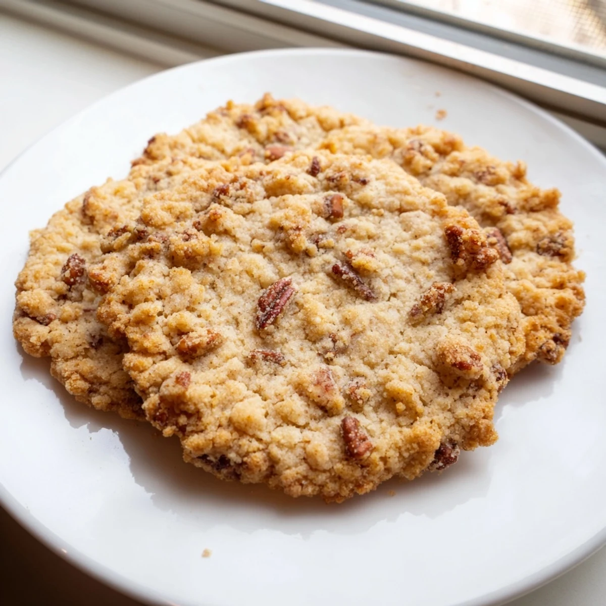 Golden keto toasted pecan butter cookies fresh from the oven on parchment paper