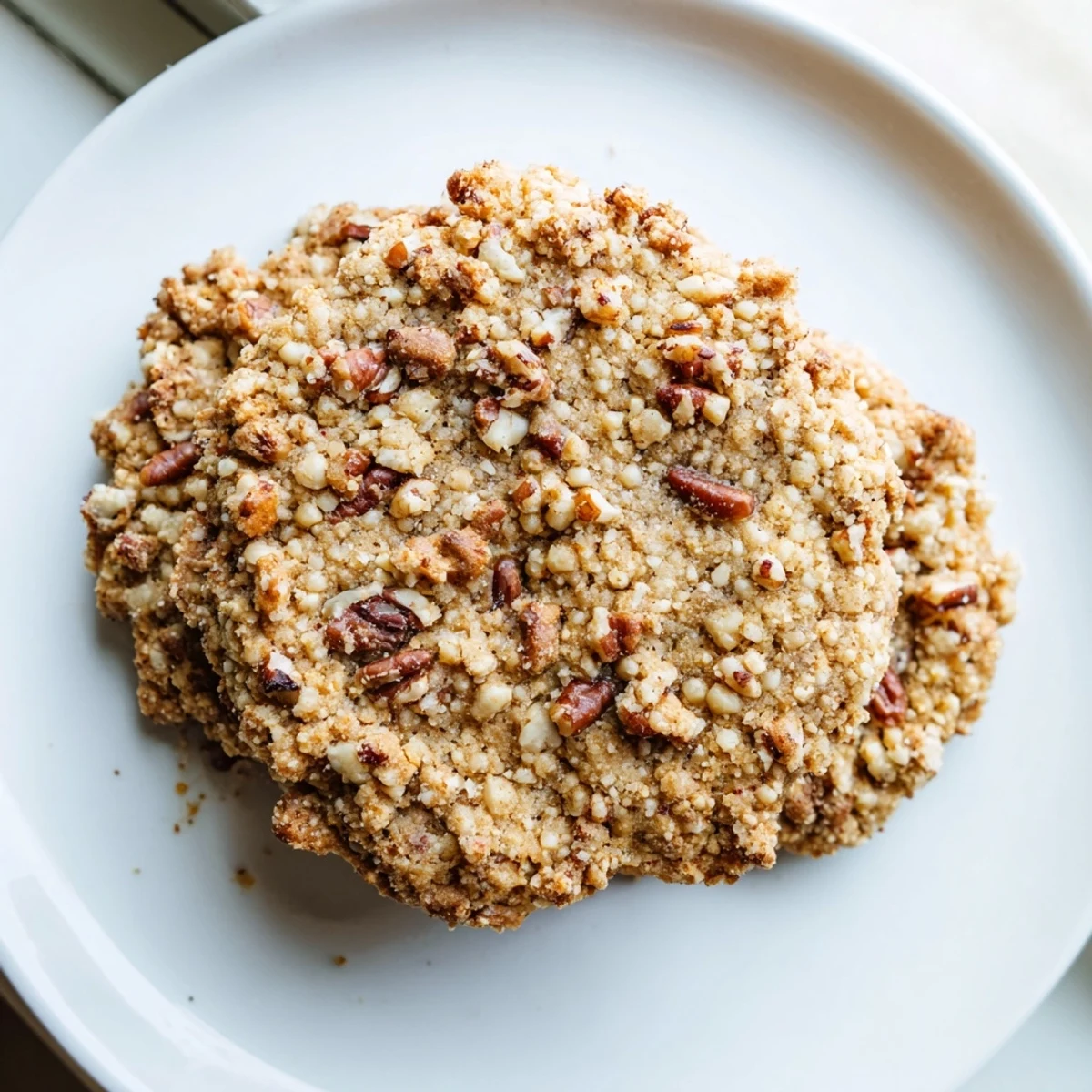 Chewy keto toasted pecan butter cookies with crunchy nut pieces stacked on a plate