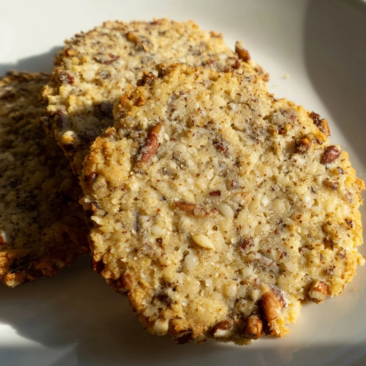 Rustic keto toasted pecan butter cookies dusted with sweetener cooling on a wire rack