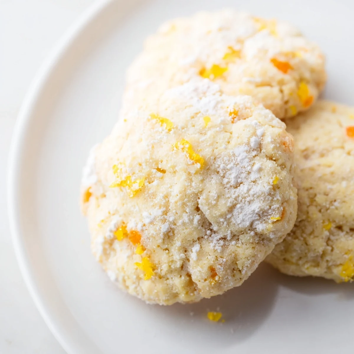 Crackly topped Gluten-Free Vanilla Citrus Burst Cookies arranged on white ceramic plate with powdered sugar dusting