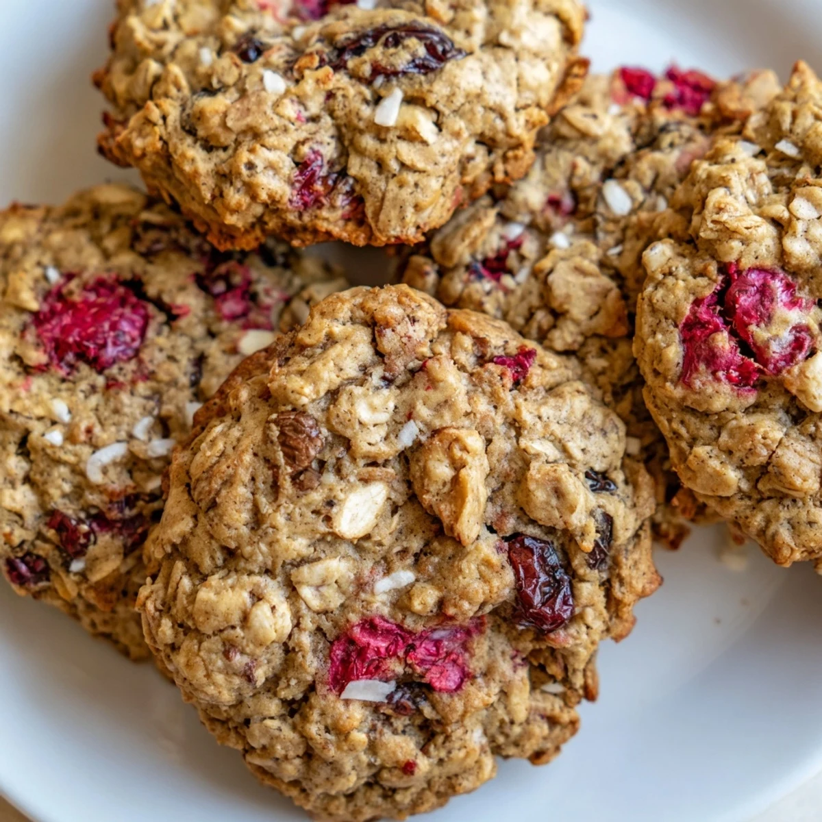Golden vegan raspberry coconut oatmeal raisin cookies cooling on a rustic wire rack