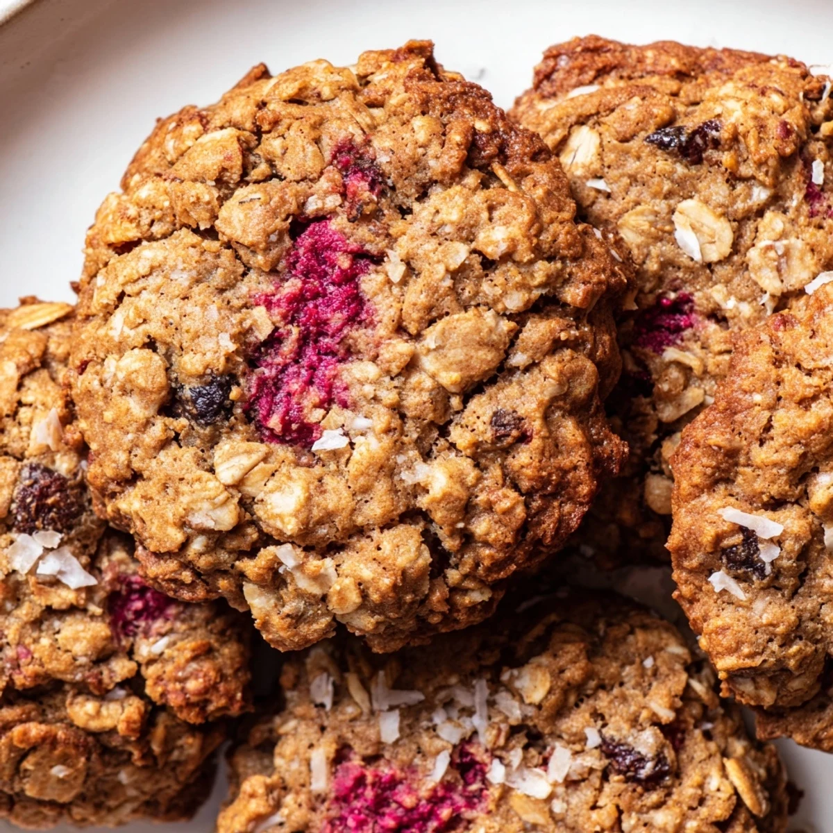 Chewy vegan raspberry coconut oatmeal raisin cookies studded with fruit on a baking sheet