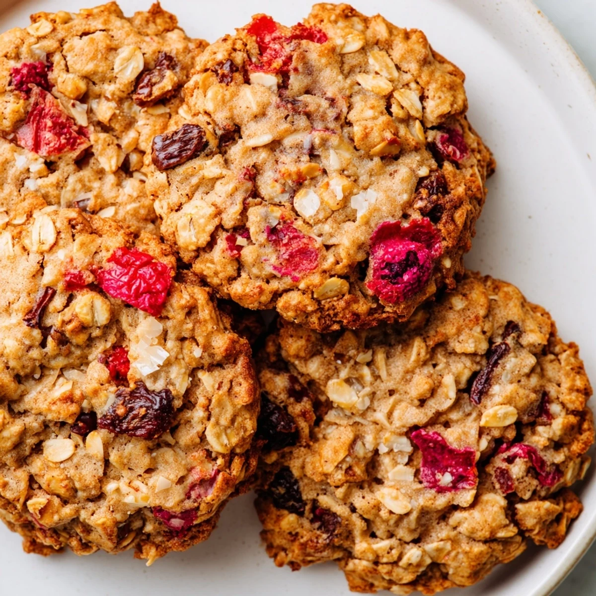 Close-up of vegan raspberry coconut oatmeal raisin cookies with jammy berry pockets and flaked coconut