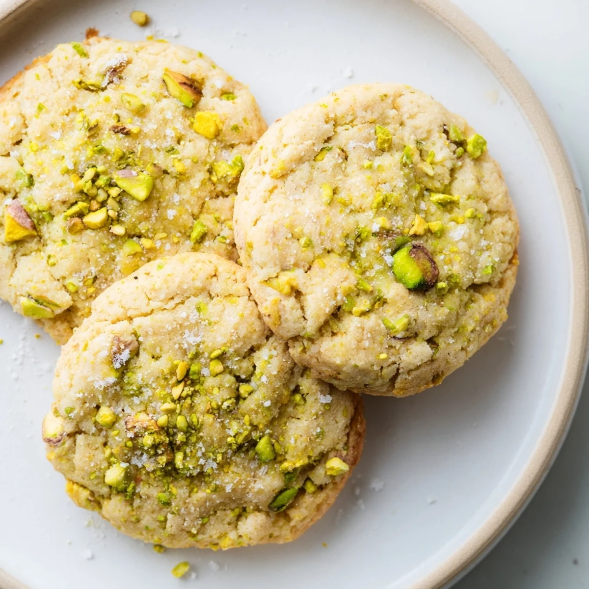 Chewy gluten-free pistachio lemon zest cookies arranged on a white plate for serving.