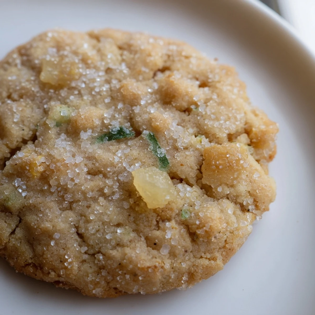 Golden brown vegan pineapple sage sugar cookies dusted with sparkling sugar crystals