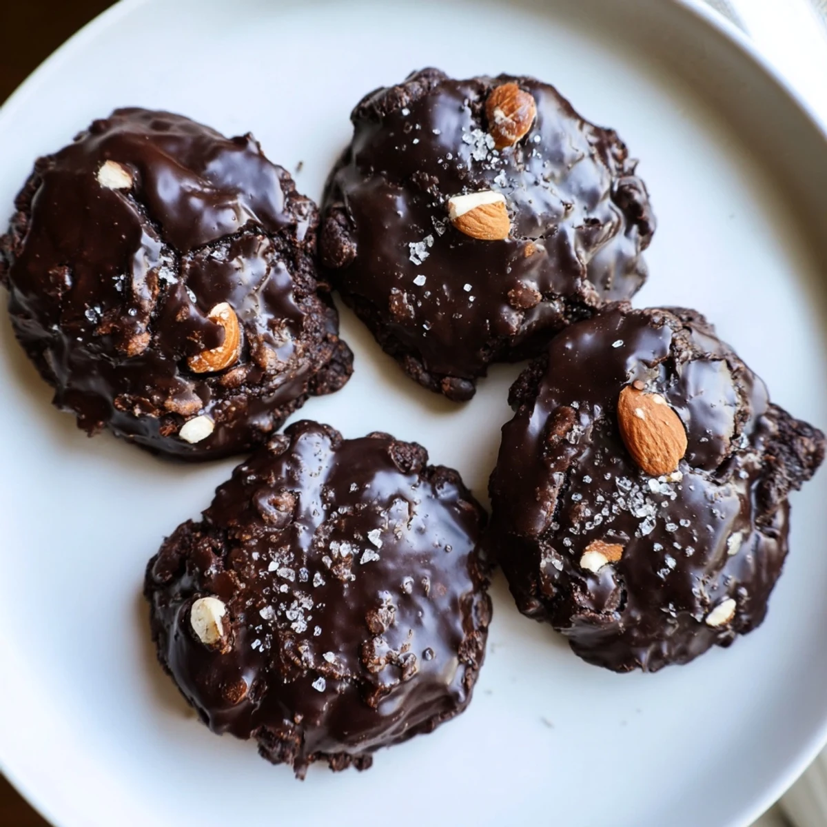 Dark chocolate almond cluster cookies with glossy melted chocolate coating crunchy roasted almonds