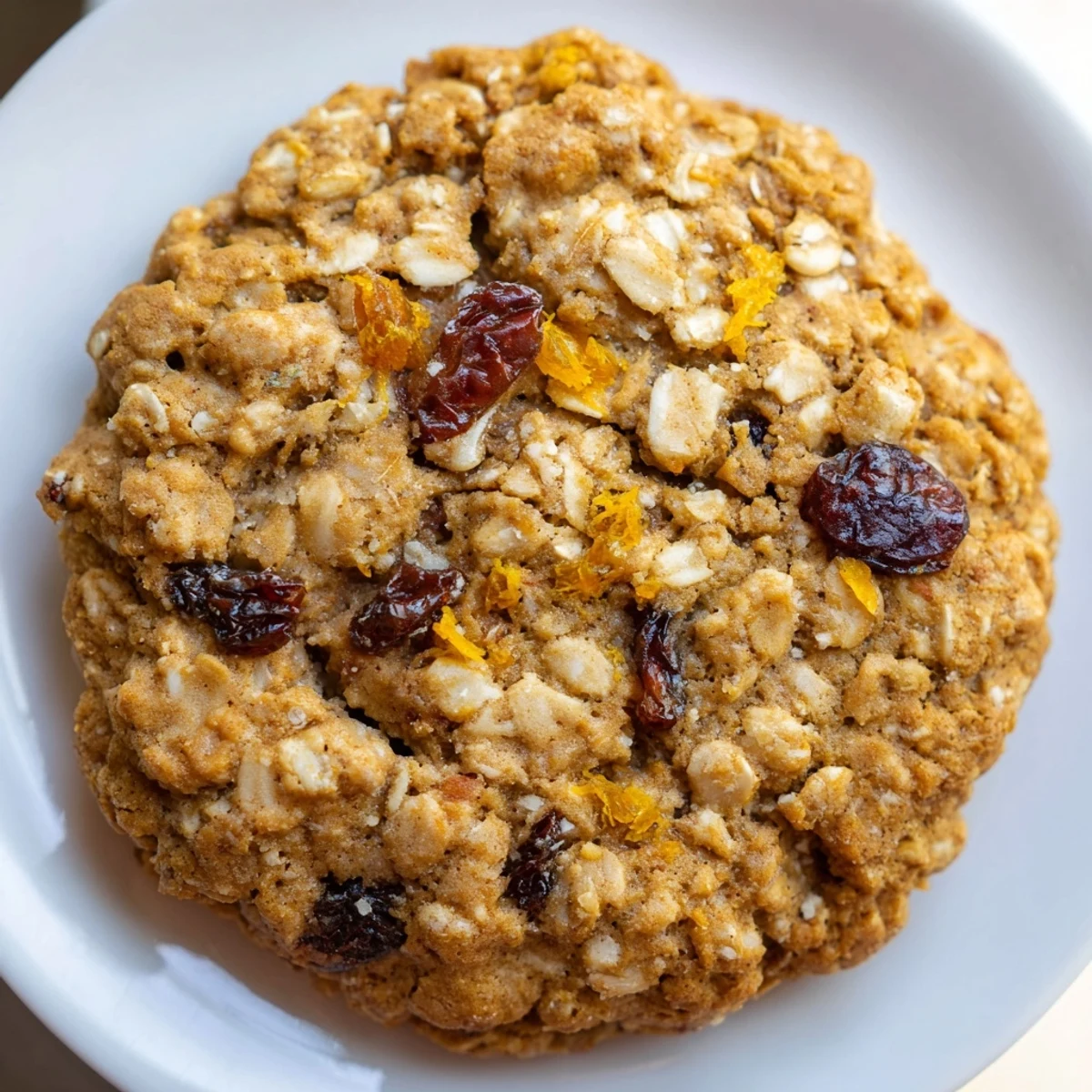 Soft orange cranberry oatmeal raisin cookies with golden edges cooling on a wire rack