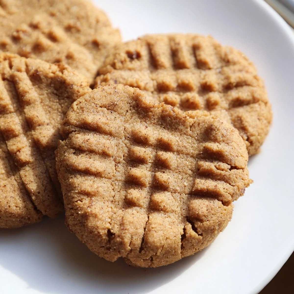 Golden keto maple almond butter cookies with crisscross fork pattern cooling on parchment paper