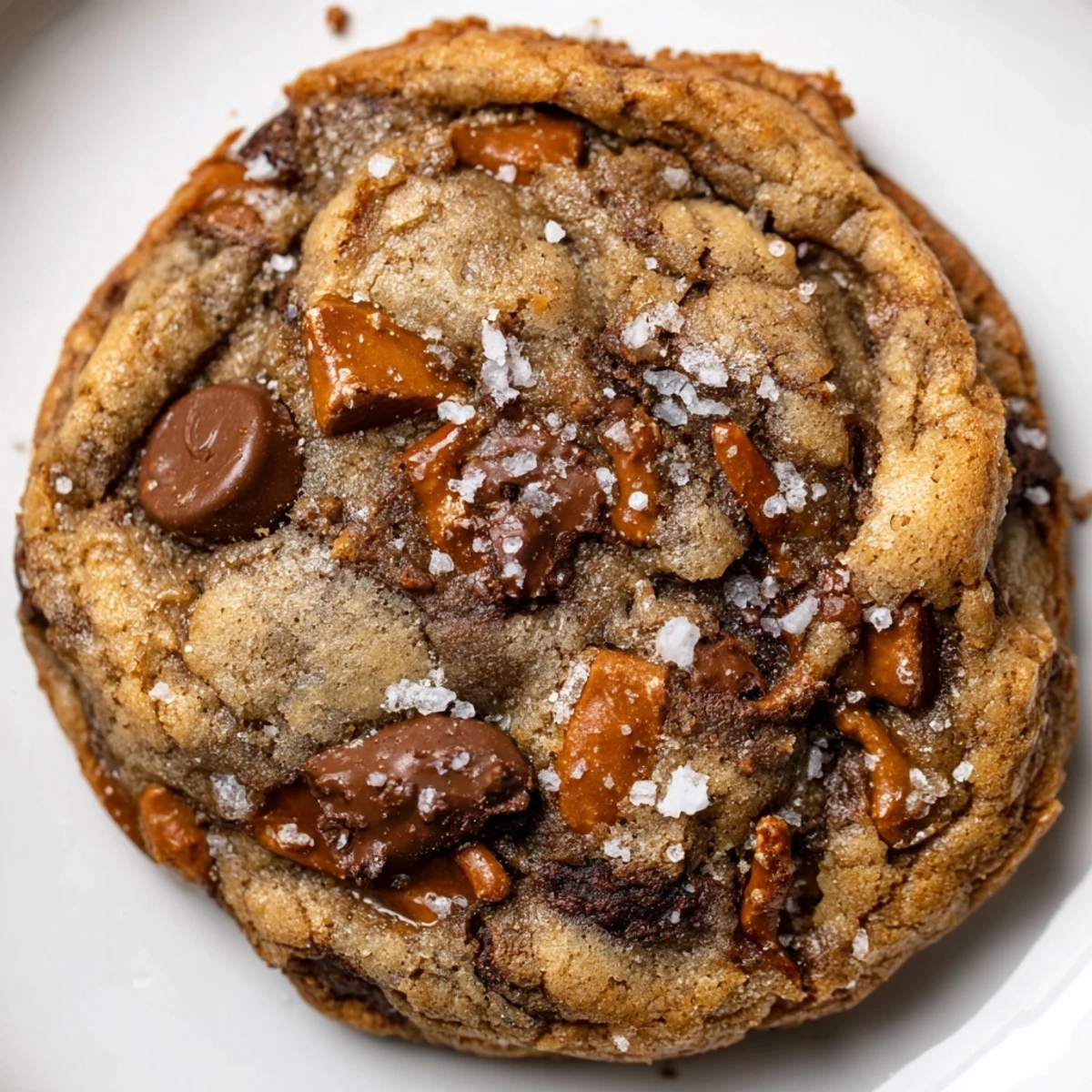 Brown Butter Salted Caramel Pretzel Chocolate Chip Cookies with golden edges and melty chocolate centers