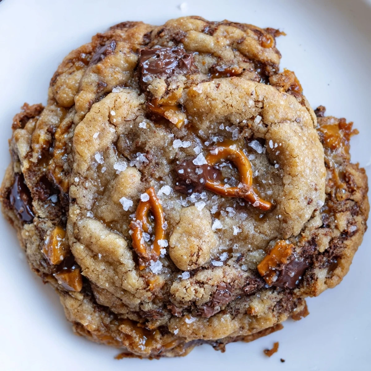 Chewy Brown Butter Salted Caramel Pretzel Chocolate Chip Cookies topped with crunchy pretzel pieces and flaky sea salt