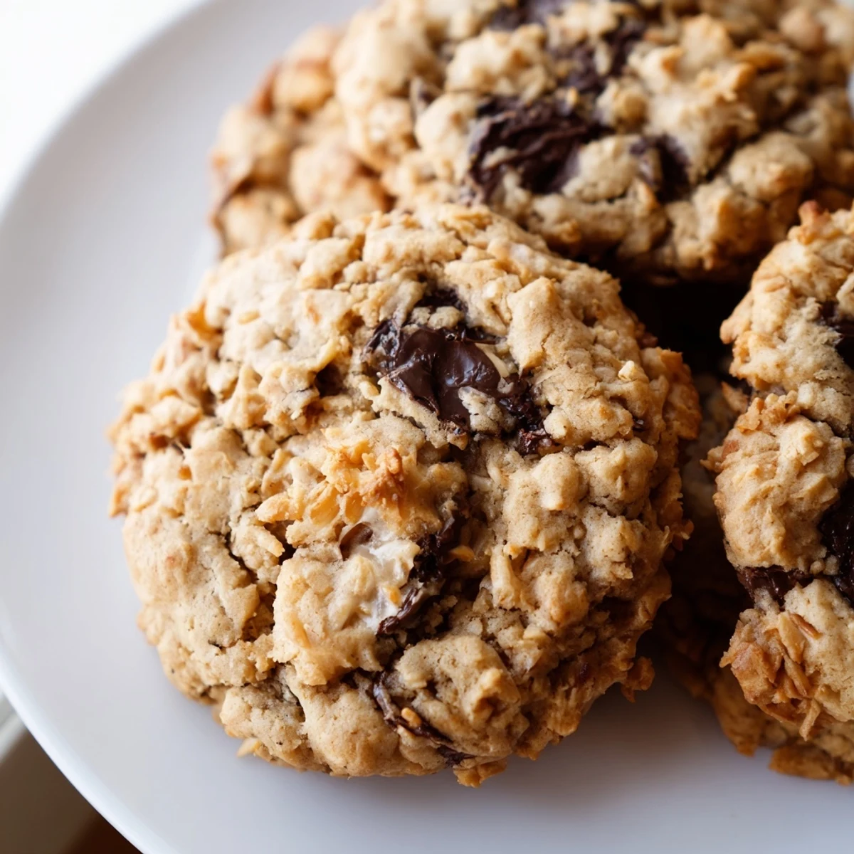 Golden gluten-free dark chocolate coconut cluster cookies with melted chocolate chips on rustic parchment paper
