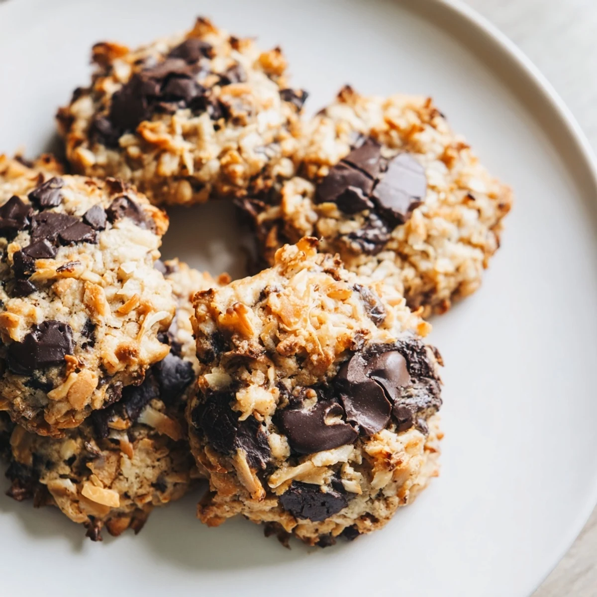 Chewy gluten-free dark chocolate coconut cluster cookies studded with glossy dark chocolate morsels ready to serve
